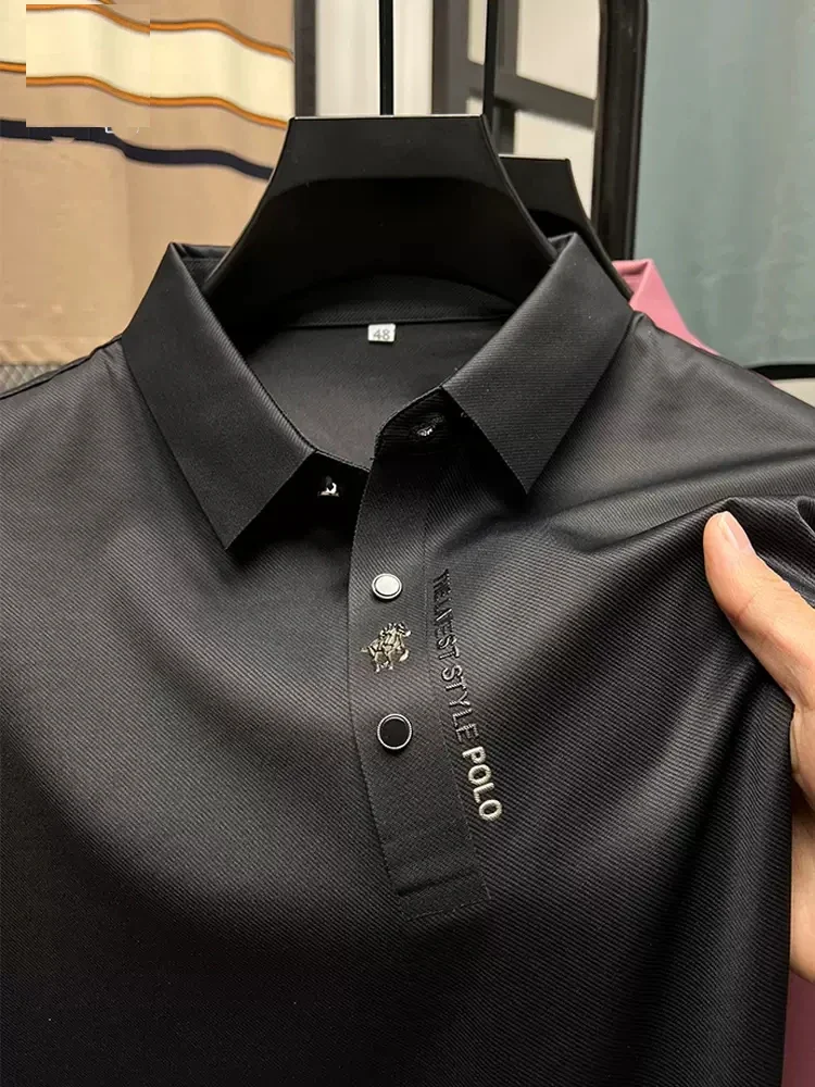 Camisa polo de manga curta masculina, colarinho de lapela, monocromática, high-end, empresarial, casual, trace printing, alta qualidade, verão, fashion, M-4XL