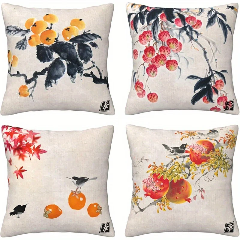 Charming Oriental Fruit & Bird Double-sided Printed pillow cover Short plush Suitable living rooms bedrooms throw cushion cover