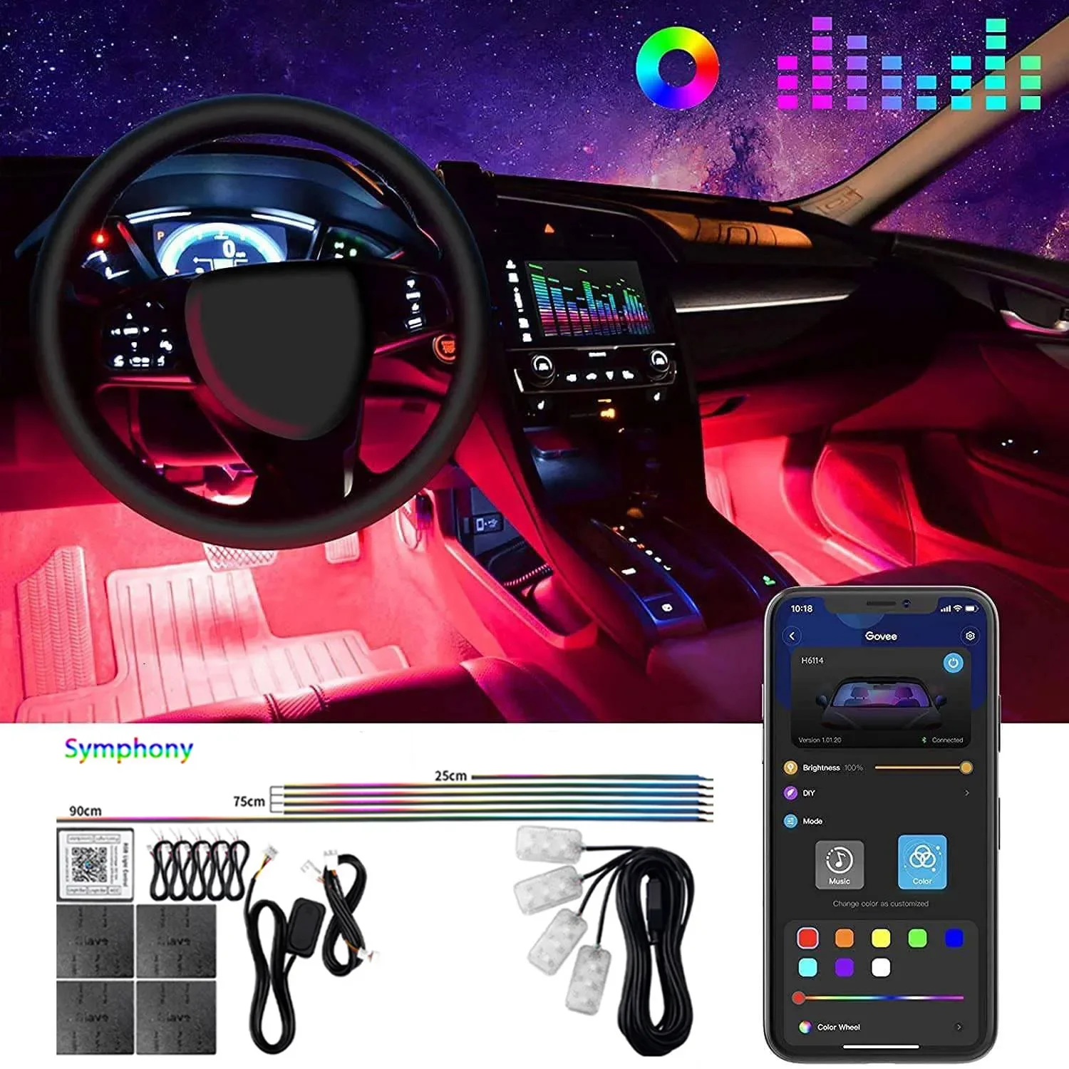 

Car LED Lights Smart Interior Ambient RGB Light Strip APP Controlled Music Sync DIY Mode Universal Fit LED Decoration Light Kit