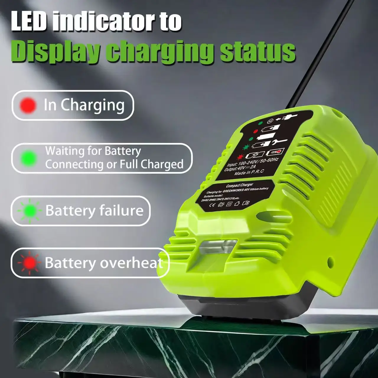 Power Tool Accessories 100-240V Smart Charge Lithium Battery Mini Fast Charger for Greenworks 40V Lithium Battery US Plug