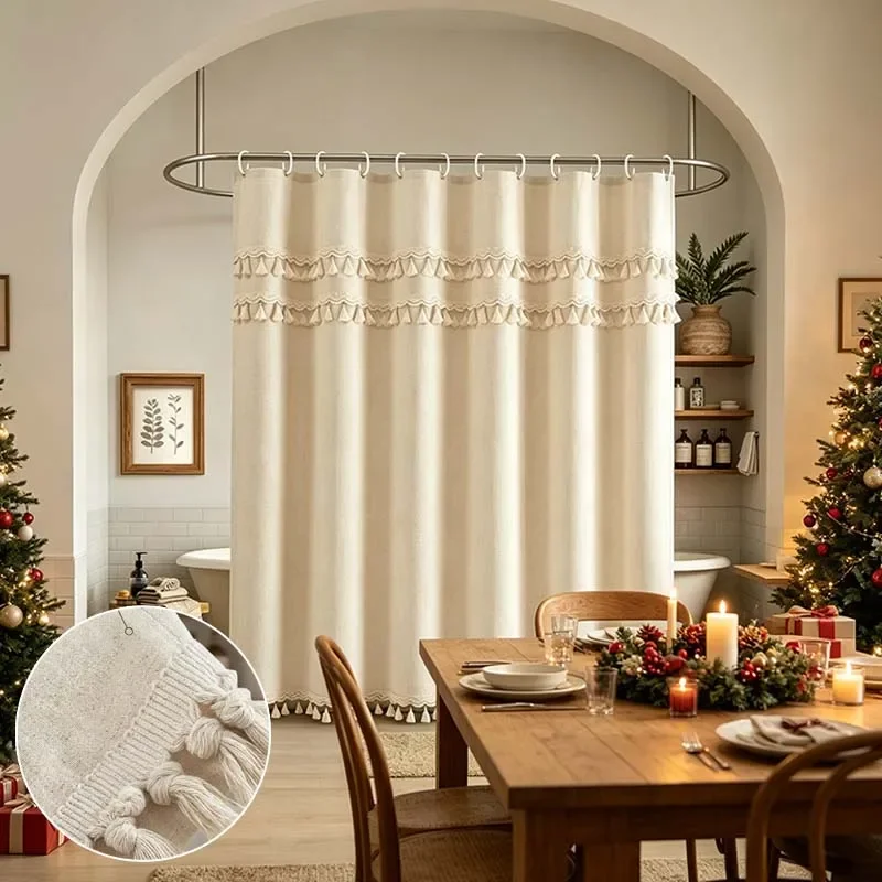 Waterproof Beige Shower Curtain with Tassels Japanese Style Faux Linen Textured Room Divider Drapes for Bathroom Farmhouse Decor