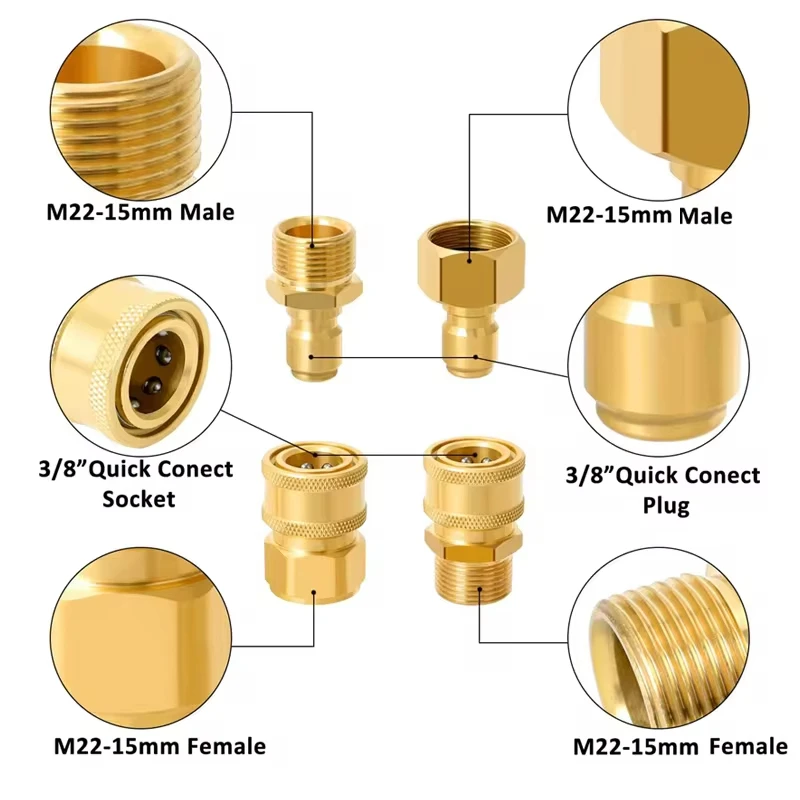 Pressure Washer Quick Connect Coupler Set Adapter M22-15mm to 3/8\