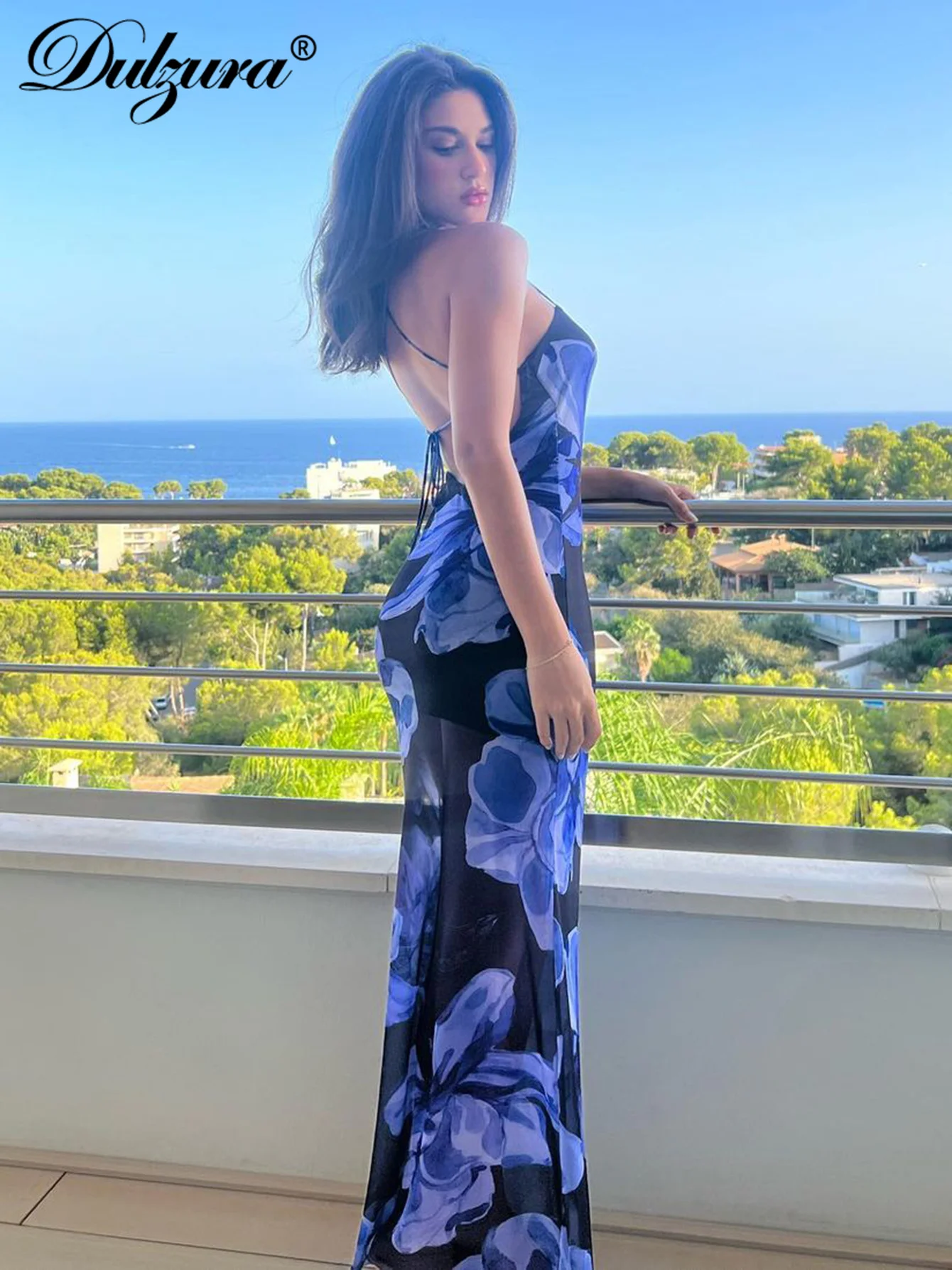 Dulzura Vestido largo sin mangas con espalda descubierta y cordones para mujer, vestido largo con estampado de malla transparente, vestido informal elegante y Sexy, ropa para fiesta y discoteca