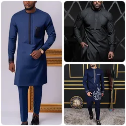 African New Men Set girocollo Gentleman camicia lunga e pantaloni Casual sociali due pezzi Wedding Party Wear uomo abbigliamento abiti 2022