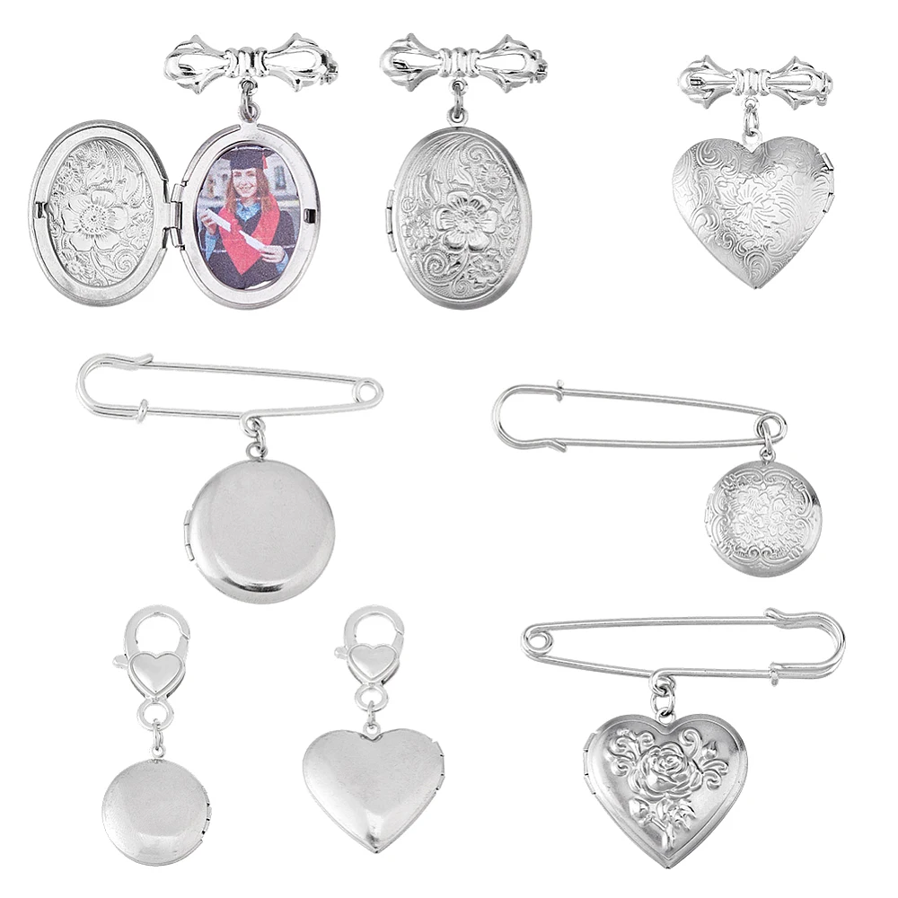 7Pcs Wedding Bouquet Photo Charm Set 35x29mm Stainless Steel Heart Picture Pendant with Glass Cabochon Dual Clasp Brooch Pin