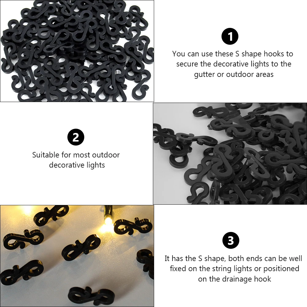 

100Pcs S Type Gutter Hooks Black Reusable Plastic Light Clips for Exterior Wall Mounting Holiday Party Decorations Secure Hold