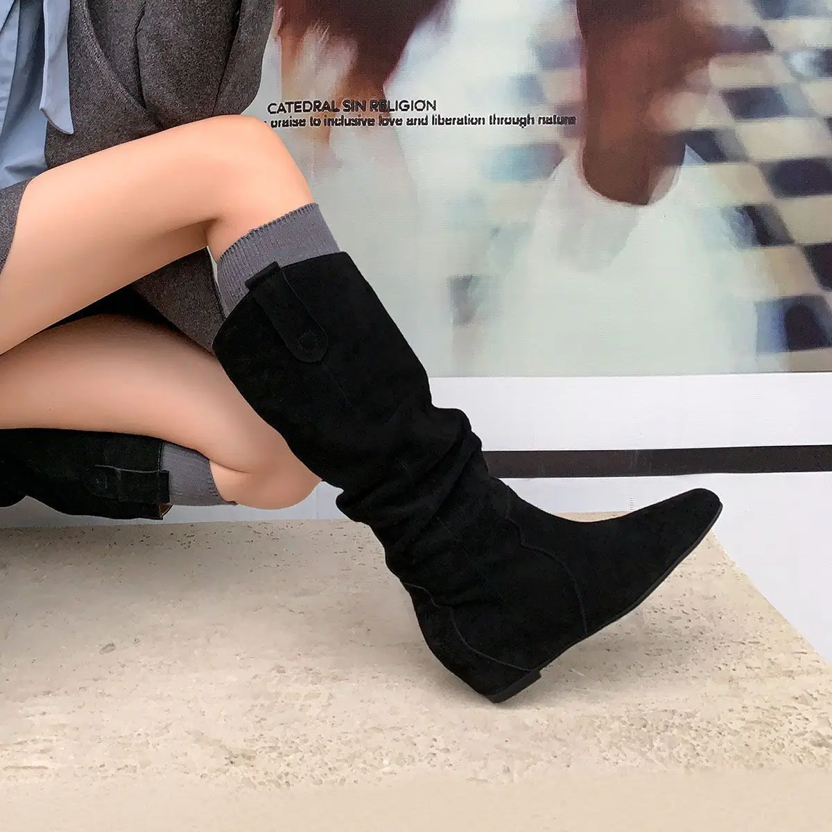 Arden Furtado Autumn Cow suede Increased Internal Modern boots Square toe slip-on Middle heel Pleated Knee high boots Large size