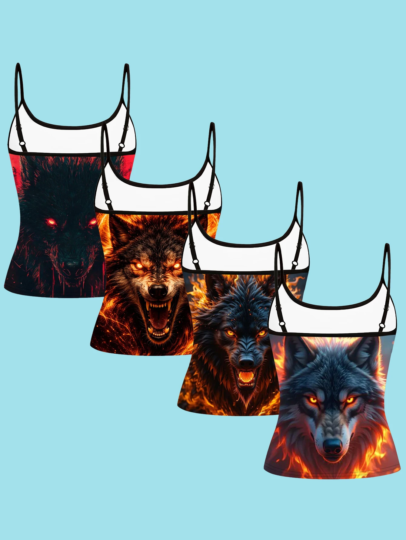 4-Piece Set of Women's Flame-Red Wolf Head Print Spaghetti Strap Camisole Slim-Fit Base Layer Tops