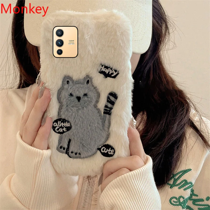 Korean Cute Cat Fur Fluffy Phone Case For VIVO Y35 Y15S Y76 Y33S Y22 Y21 Y20 Y16 Y12A V25 V23 V21 V20 Girl Gift Cover Soft Shell