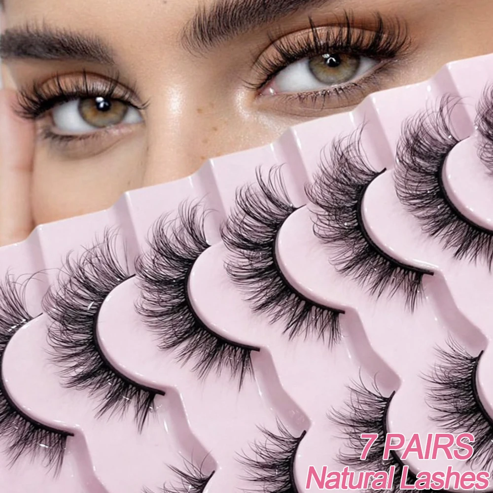 

7 Pairs Natural False Eyelashes Long Lasting Wispy 3D Faux Mink Lashes Reusable Fluffy Cat Fake Lashes Extension Makeup Tools