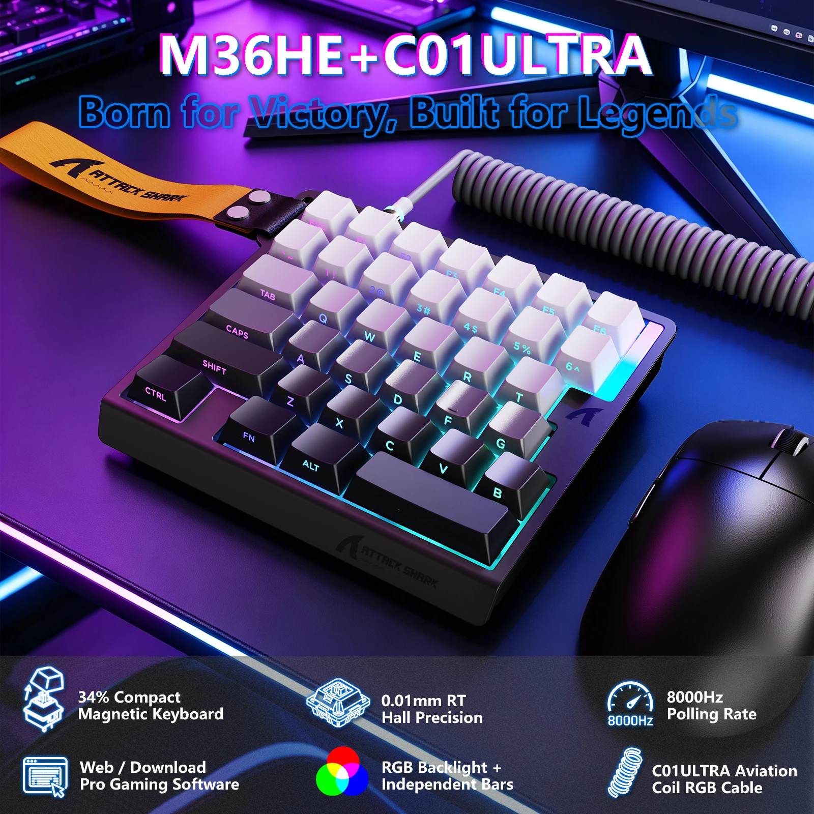 ATTACK SHARK M36 HE One-Handed Magnetic Switch Keyboard, 8000Hz Polling,Hot‑Swappable,High‑Precision 0.01mm, 36 Keys Rapid Fast Wired Keypad with RGB Backlit, C01 Ultra Led Aviator Cable