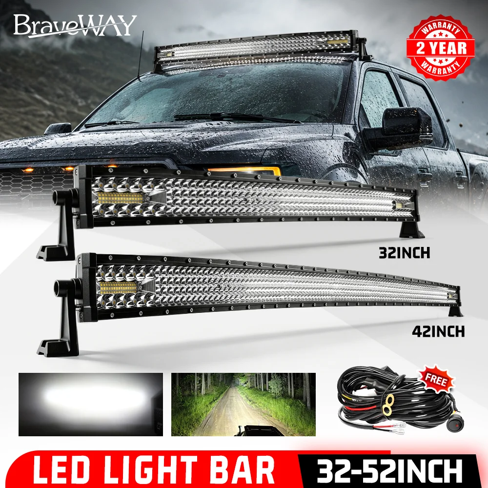 HL 32/42/52 Inch Curved LED Light Bar 4‑Row Spot Flood Combo Beam IP68 12V‑24V Driving Lamp With Wiring Harness off-road use