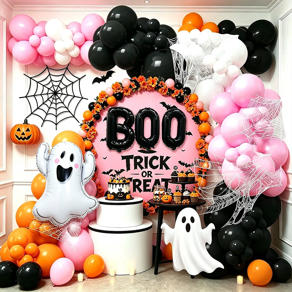 Kit d'arche de ballons orange et noir de 122 pièces, avec ballons lettres 'Boo', fantômes, citrouilles, chauves-souris et confettis, pour décoration de toile de fond de fête d'Halloween en intérieur ou en extérieur