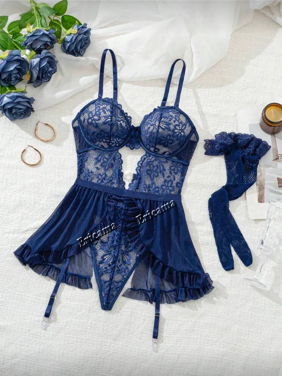 Erotic Women's Lingerie Sets Fancy Lace Bra Belt Thong Erotic Bra Set Attractive Romantic Ensemble Intimate Sexy Underwear