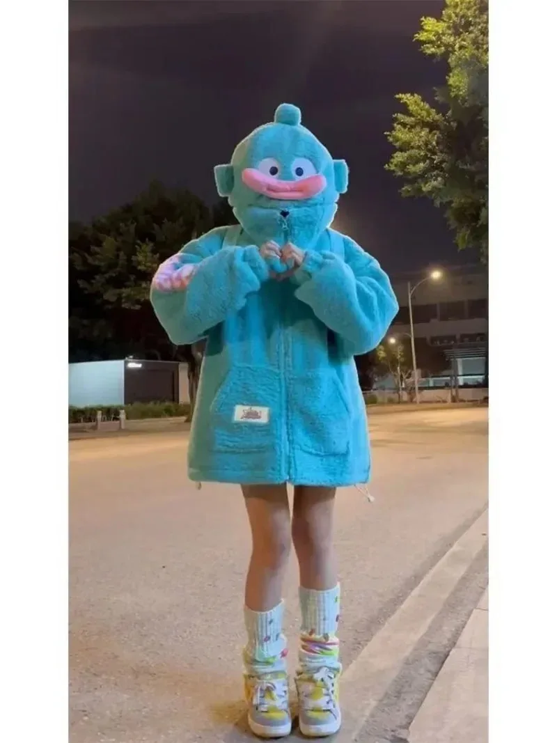 

Hangyodon Anime MINISO Long Sleeve Hooded Jacket Cute Cartoon Kawaii Ins Lamb Warm Coat Loose Clothing Ins Gifts for Girls Boys