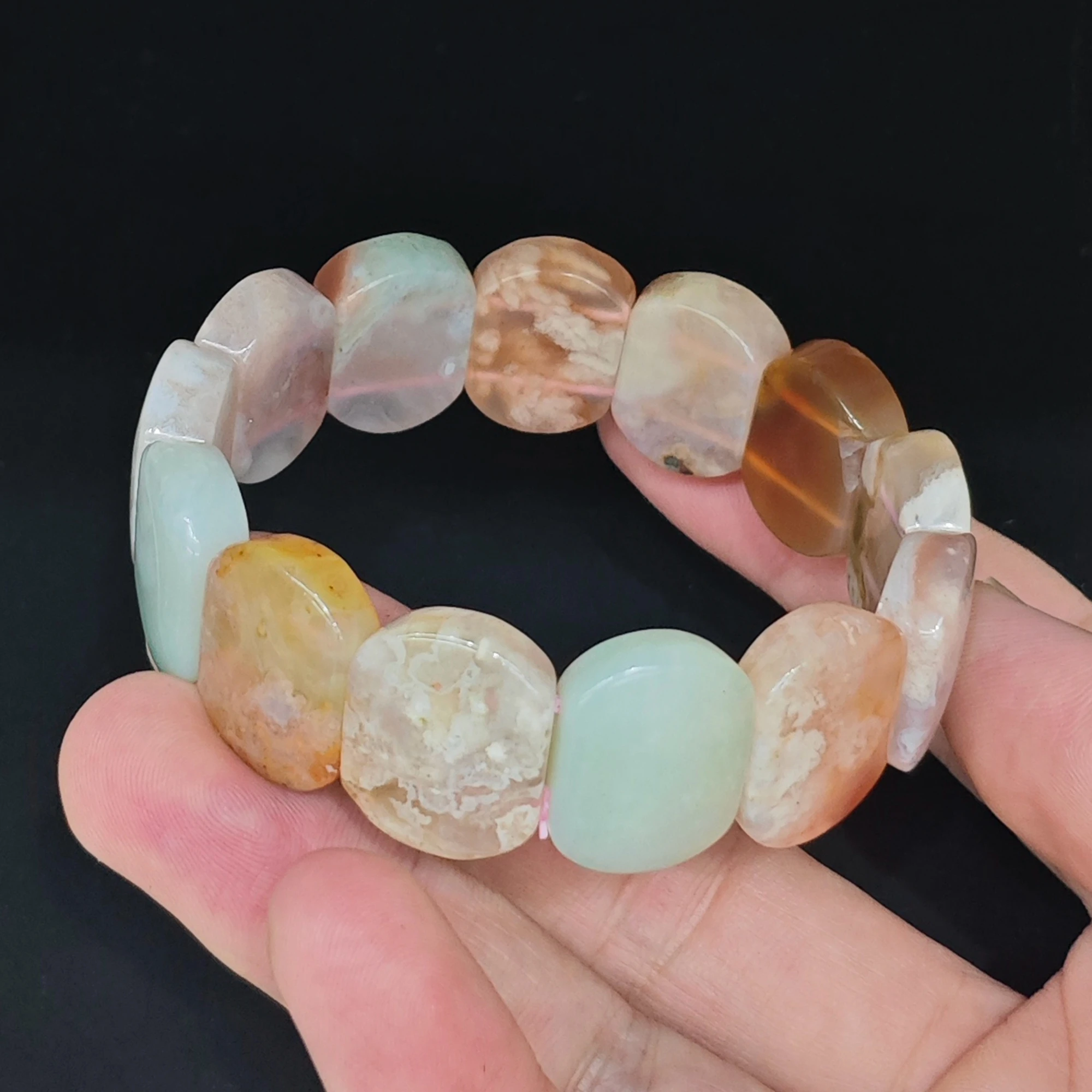 Natural Sakura Agate Bracelet 20x14mm Cherry Blossom Segment Bangle Oval Block Floral Gemstone Crystal Stretch Gift 16-22cm