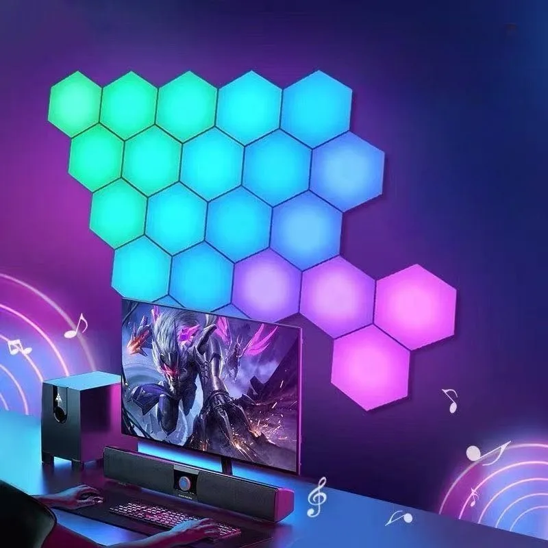 

RGB умный шестиугольный настенный светильник, меняющий цвет, окружающий ночник, сделай сам, форма, музыкальный ритм, управление через приложение для игровой комнаты, спальни