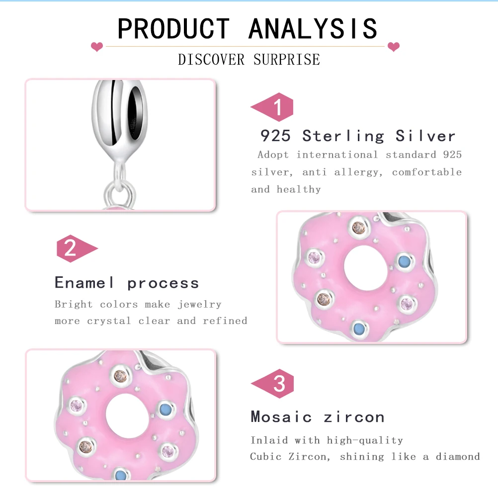 PANQDIY Donut-Charm-Halskette mit Emaille-Anhänger aus 925er Sterlingsilber und Zirkonfassung ist perfekt für das Original-Armband