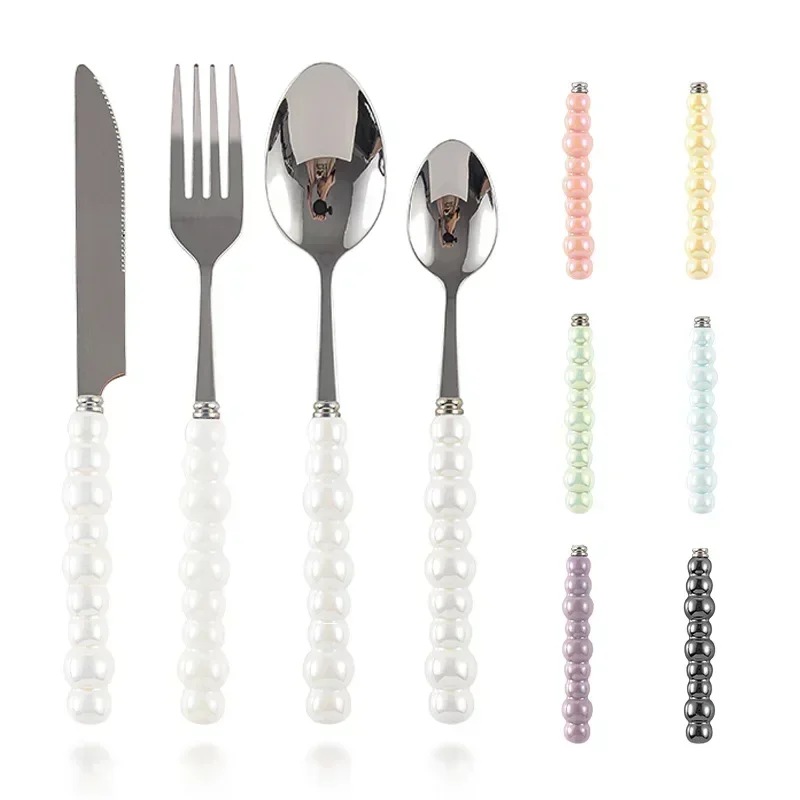 4pcs Set Spoon Knife Fork Eating Dessert Pearl Handle Ceramic  Western Steak Tableware Cutlery Kitchen Bar Souvenir Shine Ins