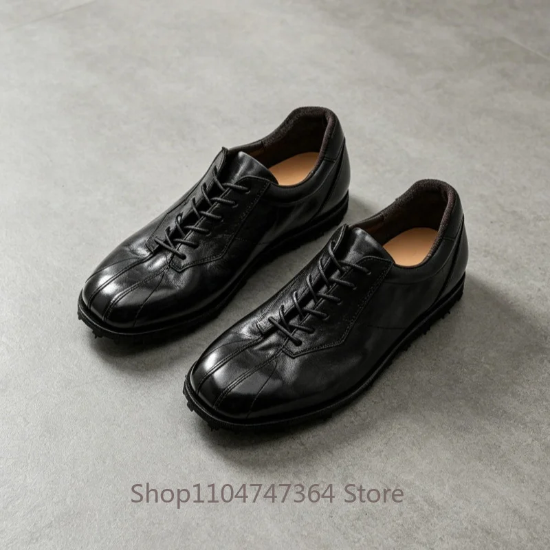 High End Fashion Black Casual Sport Leather Shoes Men's Oxfords Genuine Leather Lace Up Round Toe Outdoor Walking Shoes Male
