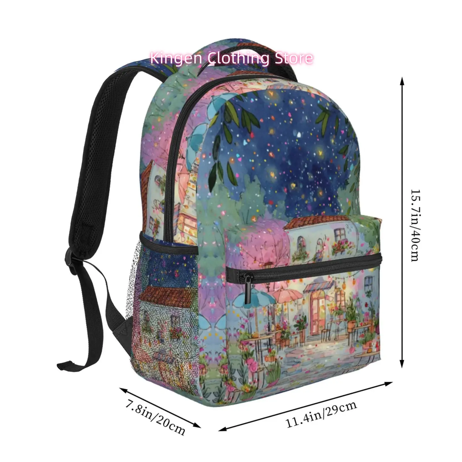 Night Starry Cafe Watercolor Print Backpack, Adjustable Shoulder Straps, High Quality Oxford Cloth, for Women Travel, Outdoor& D