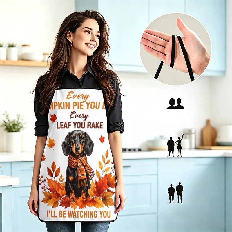 1PC【Apron】2DFlat effect，Vintage-style dachshund and autumn maple leaf fun print，Durable and practical，Suitable home kitchen