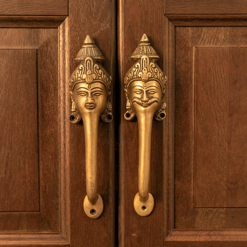1PC Indian handmade pure copper door handle King Queen couple long pair bronze door handle