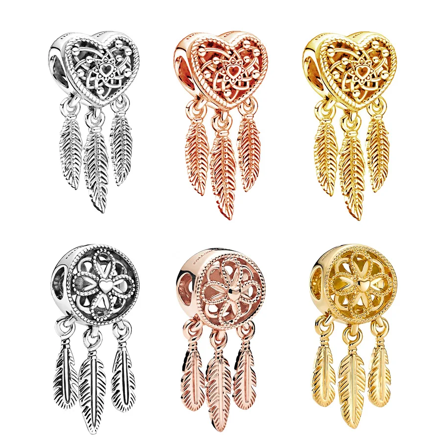 Rose Gold & Gold Plated Openwork Feathers Dreamcatcher Charm Bead Fit Original 925 Sterling Silver Women Bracelet Jewelry Gift