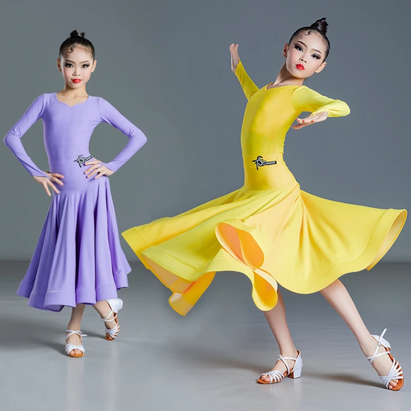

Kids National Standard Ballroom Dance Clothes Girls Competition Dress Purple Yellow Waltz Latin Dance Dress Practice Set BL14639