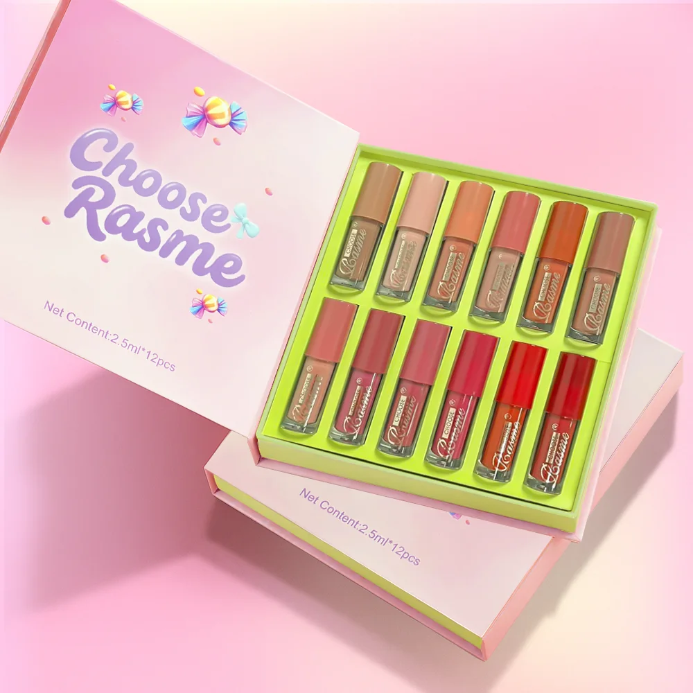 CHOOSERASME 12-Farben-Lipgloss-Lippenstift-Set, flüssig, matt, samtig, Damen-Make-up, langlebig, wasserfest, Weihnachtsgeschenke