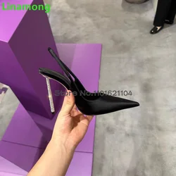 Czarne satynowa kryształowe czółenka do cienki wysoki obcas dla kobiet 2024 jesień nowe spiczaste eleganckie buty typu Slingback