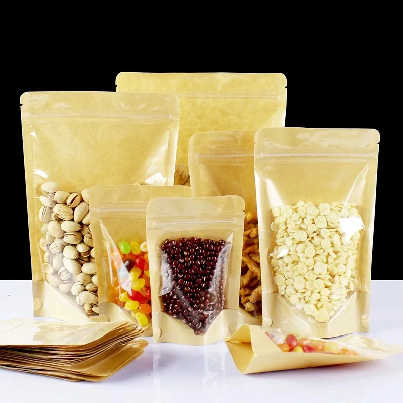 Transparent Front Stand Up Brown Kraft Paper Pouch Dried Fruits Food Packaging Craft Paper Doypack Pouch With Clear Side