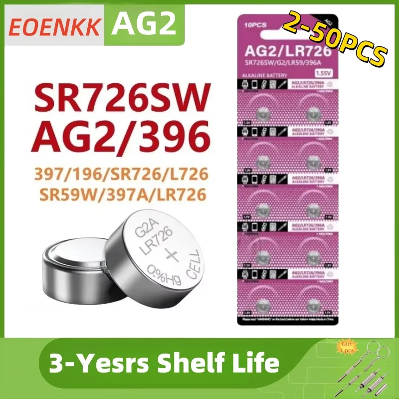 Caliente 10-50 Uds AG2 1,55 V LR726 397 396A SR726 196 SR726SW CX59 LR59 SR59 396 batería de botón para pilas de reloj