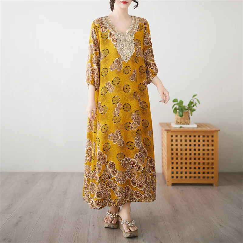 2025 New Casual Loose Lace Cotton Linen Dress Women Summer Printed Boho Beach Long Dress