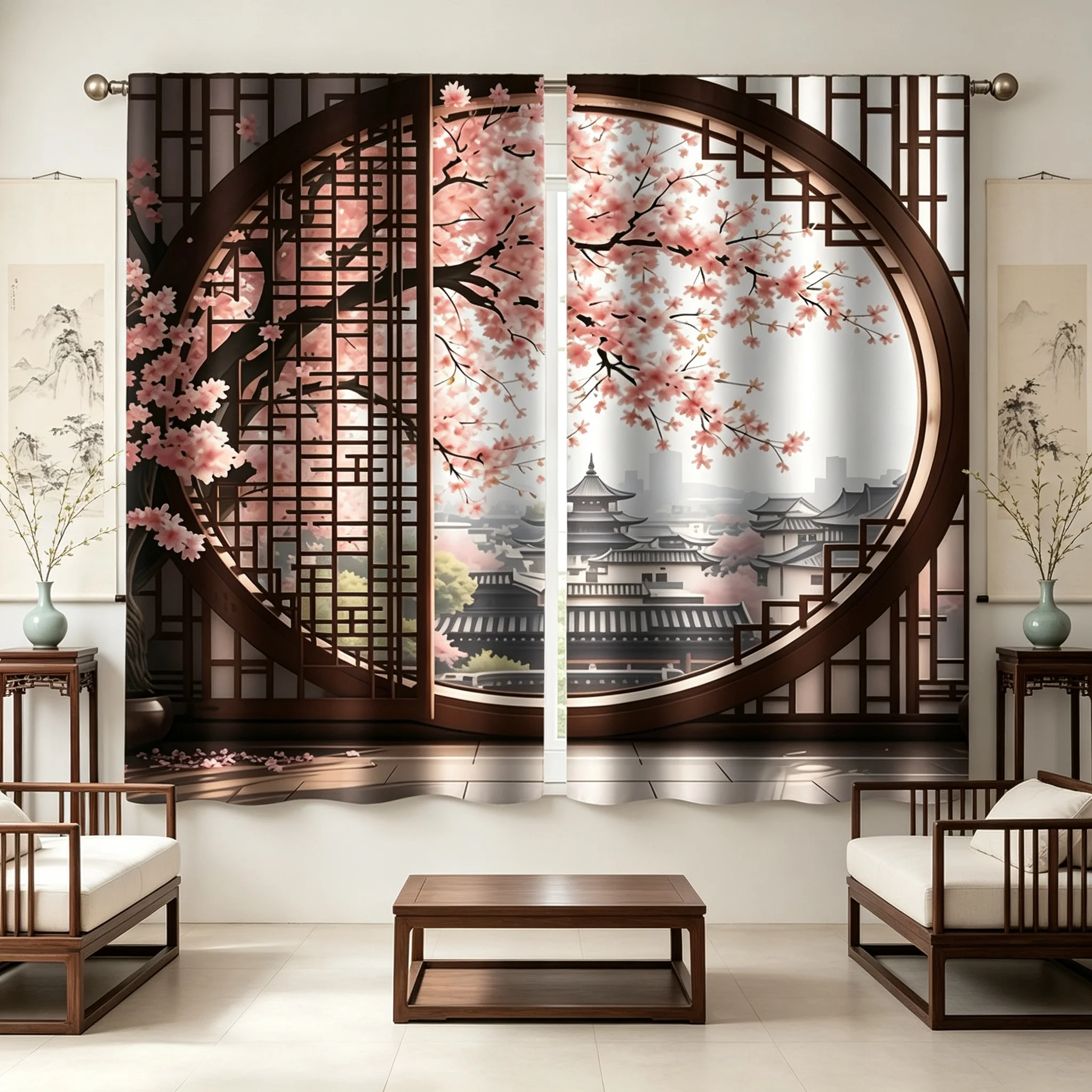 2PCS Digital Print Curtains, Cherry Blossom Round Window, Japanese Zen