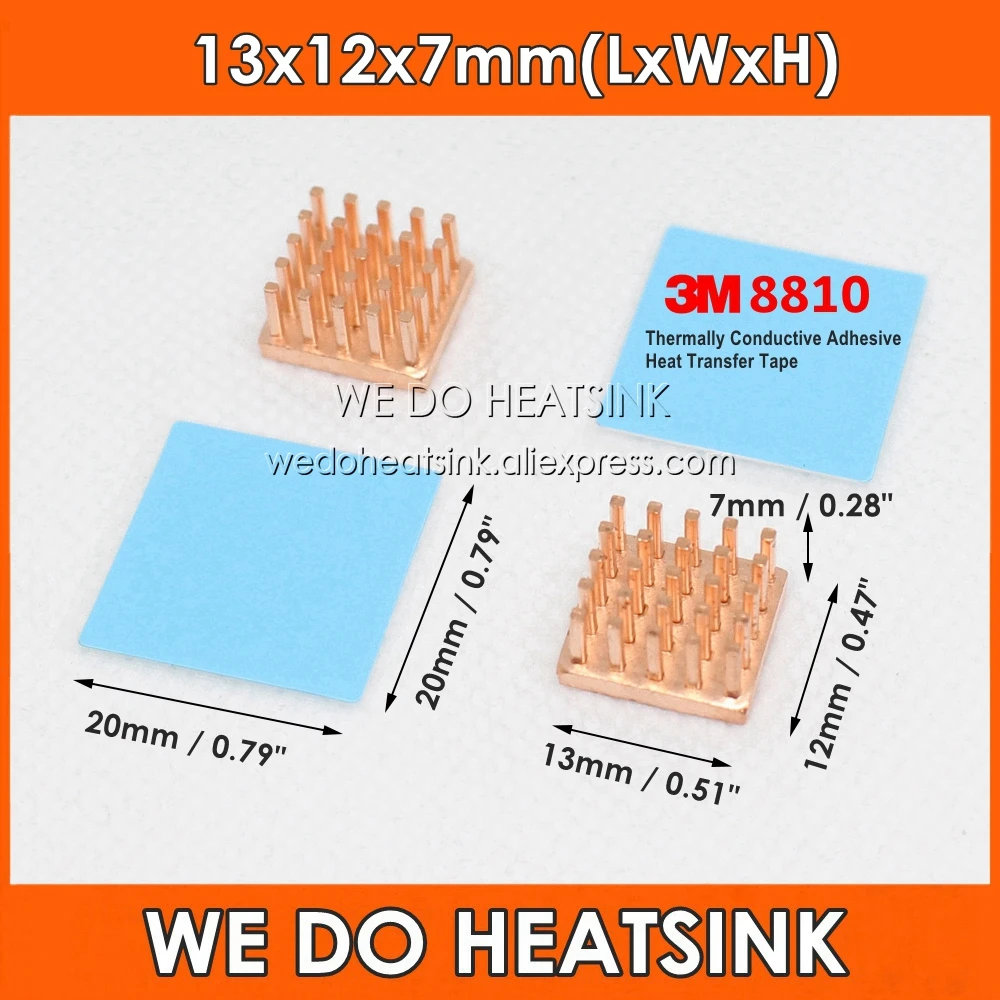 

Pure Copper 13x12x7mm Pin Fins Heatsink 13*12*7mm Radiator Cooler With 3M 8810 Thermally Conductive Adhesive Heat Transfer Tape