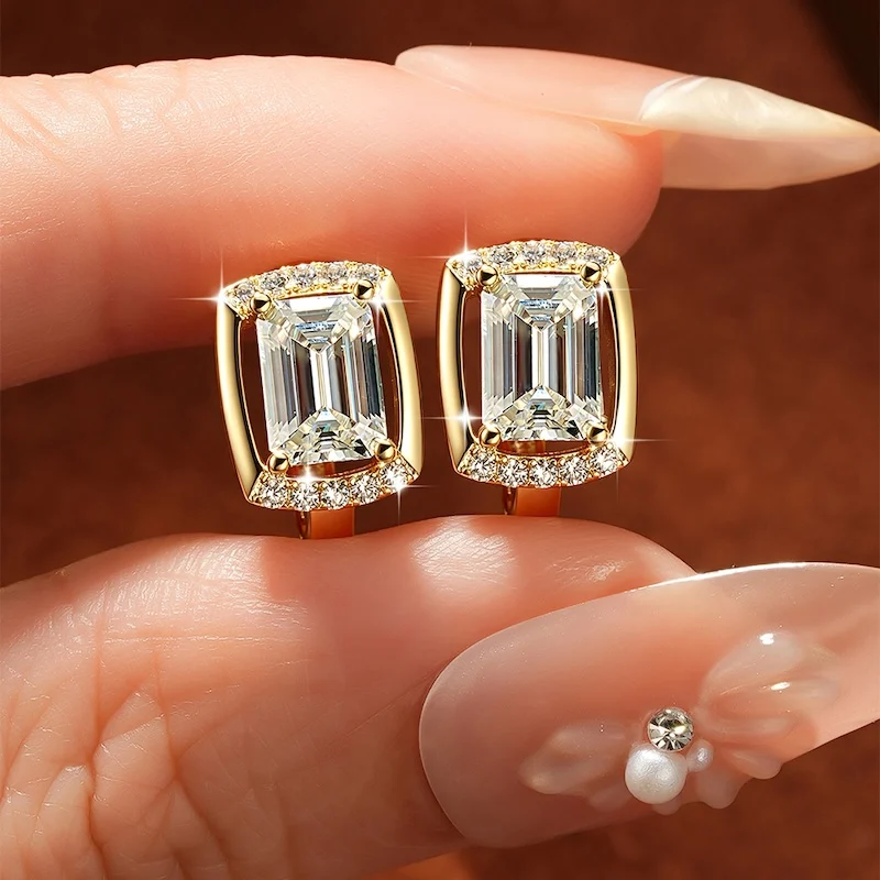 Rrjzz Huggie-Ohrringe mit Smaragdschliff, 5 x 7 mm, D-Farbe, Moissanit, für Damen, Laborimitation, Diamant-Creolen, Geburtstagsschmuck, Geschenke – Detail 4