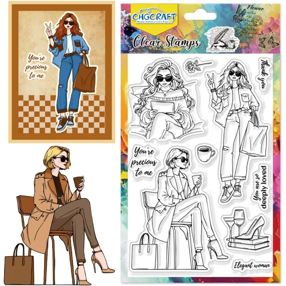 Modische Dame lesen klare Stempel moderne Frau elegante transparente Handwerksstempel für DIY Scrapbooking Fotoalbum