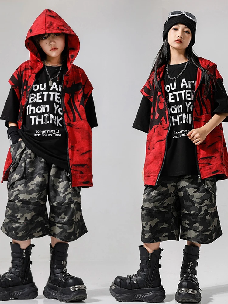 الأطفال قاعة الرقص الهيب هوب أزياء مسرحية للفتيات الأحمر مقنعين القمم التمويه السراويل دعوى الأولاد ملابس الجاز DQS19583