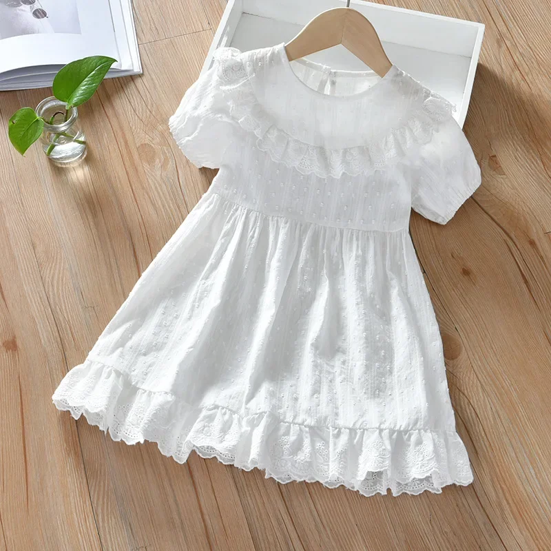 

2024 Short Sleeves Dress Casual Clothes Summer White Color Elegant Frocks for Pretty Kids Girls 2-8 Year