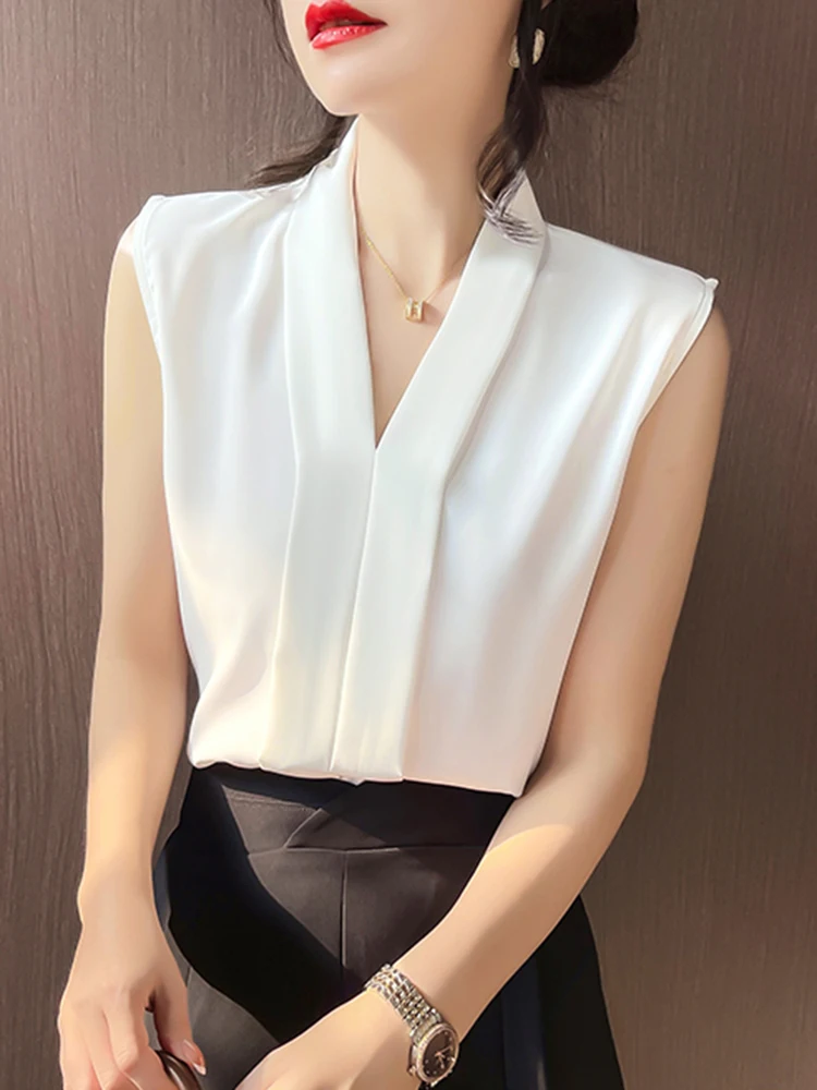 2024 Summer Office Lady Style Shirts Women Sleeveless Women Blouse Shirts Tops Elegant Tops Blusas Femme Blouses Black White