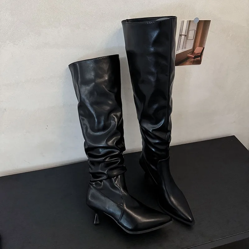 

Women's Mid Heels Long Boots Fashion Designer Elegant Shoes 2025 Winter Pointed Toe Knee Boots New Trends Dress Pumps Zapatillas