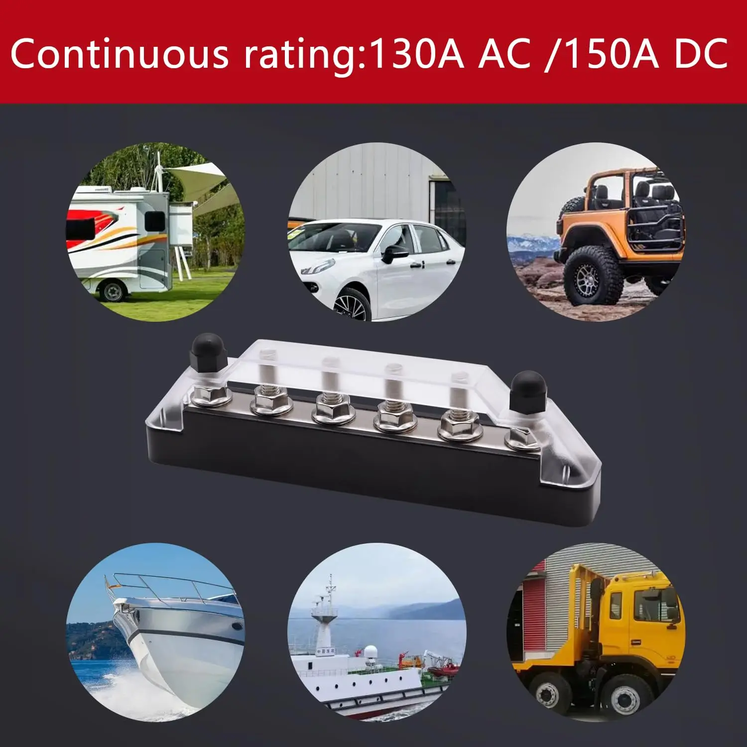 Barre omnibus de batterie VO 6X1/4 pouces (M6), goujons de borne, bloc de Distribution d'énergie 12V avec couvercle et bornes à anneau, Durab Max 300V AC