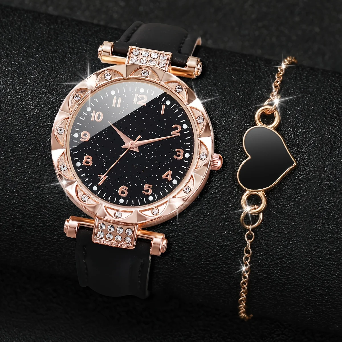 2PCS/Set Shimmering Rhinestone Womens Watch & Heart Bracelet Duo - Quartz Analog Timepiece with PU Leather Strap