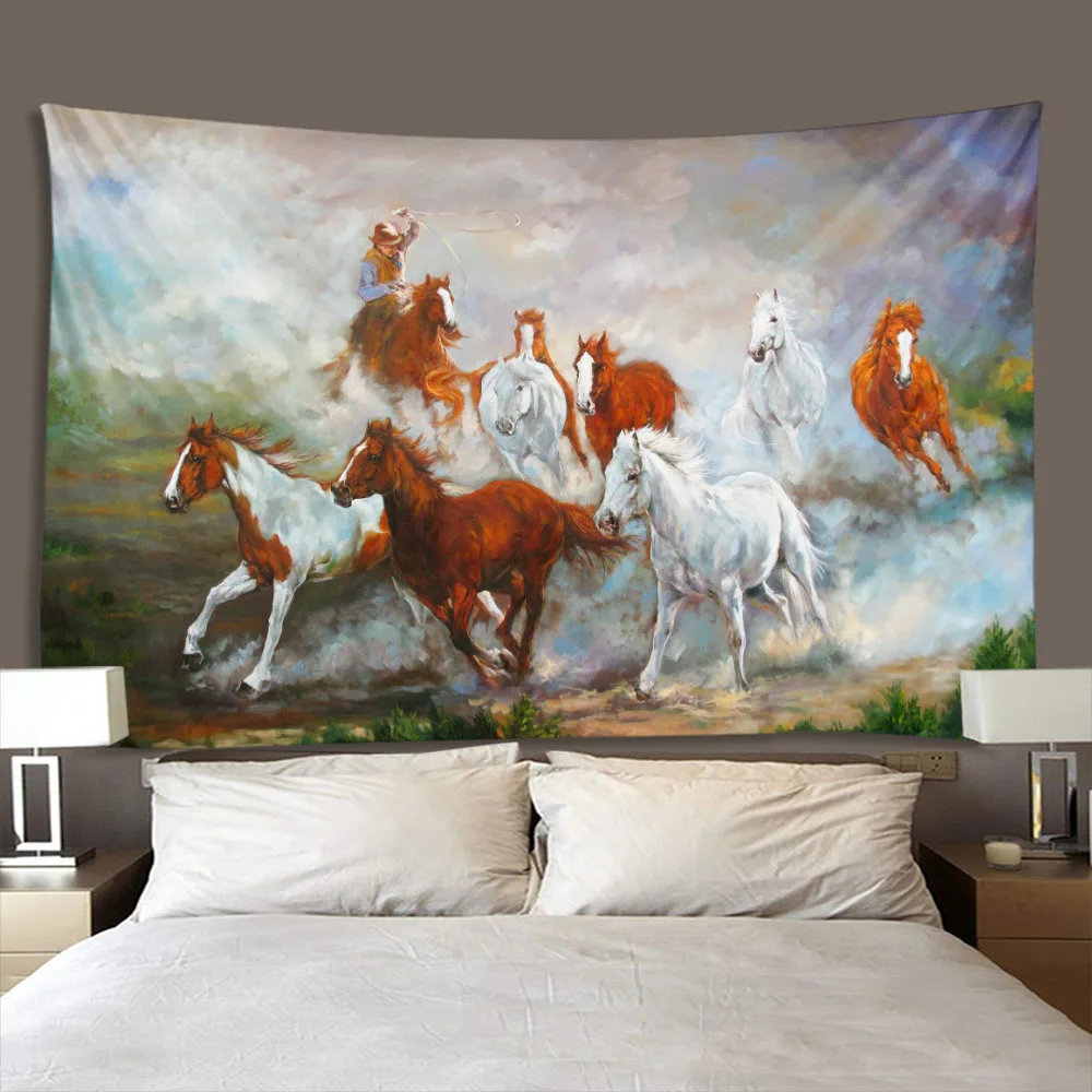 Running Horse Tapestry Sunset Grassland Garden Poster Living Room Wall Background Home Decoration Wall Hanging Blanket