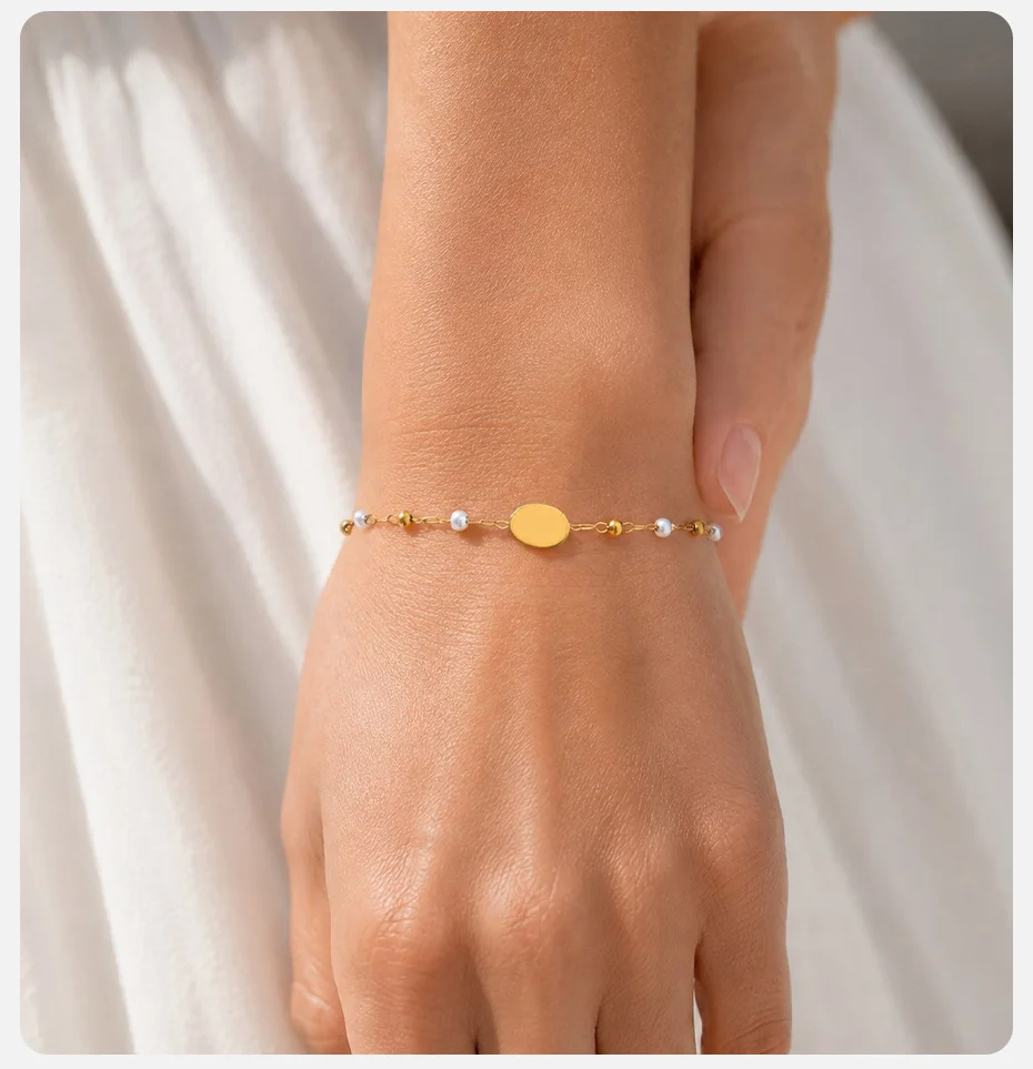 Vnox Minimalistische Stapelbare Halskette und Armbänder mit Imitationsperlen für Damen, Trendiger Edelstahl-Schmuck mit Goldplattierter Ovaler Kette – Detail 4