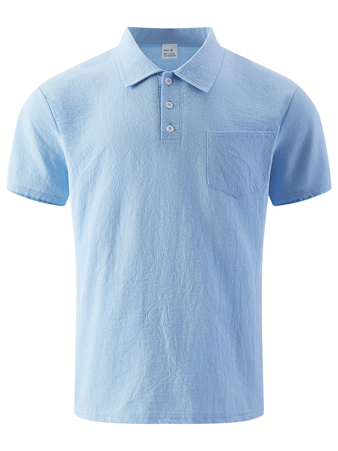 Herren-Poloshirt aus Baumwolle und Leinen, kurzärmelig, Brusttasche mit einem Knopf, Dreiknopfkragen, lässiges Hemd, atmungsaktiv, für den Sommer – Detail 15
