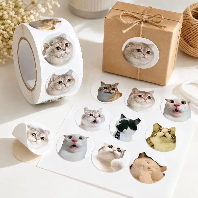 Cute Pet Expression Cat Meme Round Sticker Roll Funny Sealing Label DIY Gift Box Scrapbook Reward Decor Stickers