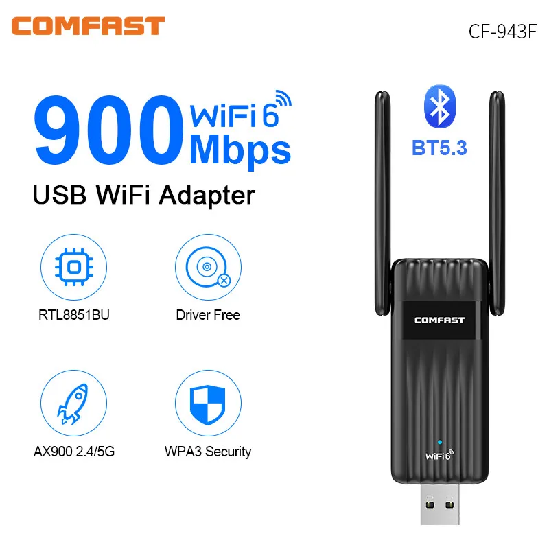 Wifi 6 Adapter 900Mbps usb wifi adapter with extral 2*3dBi antennas Wi-fi transmiter free driver 5Ghz WPA3 Wireless Network Card