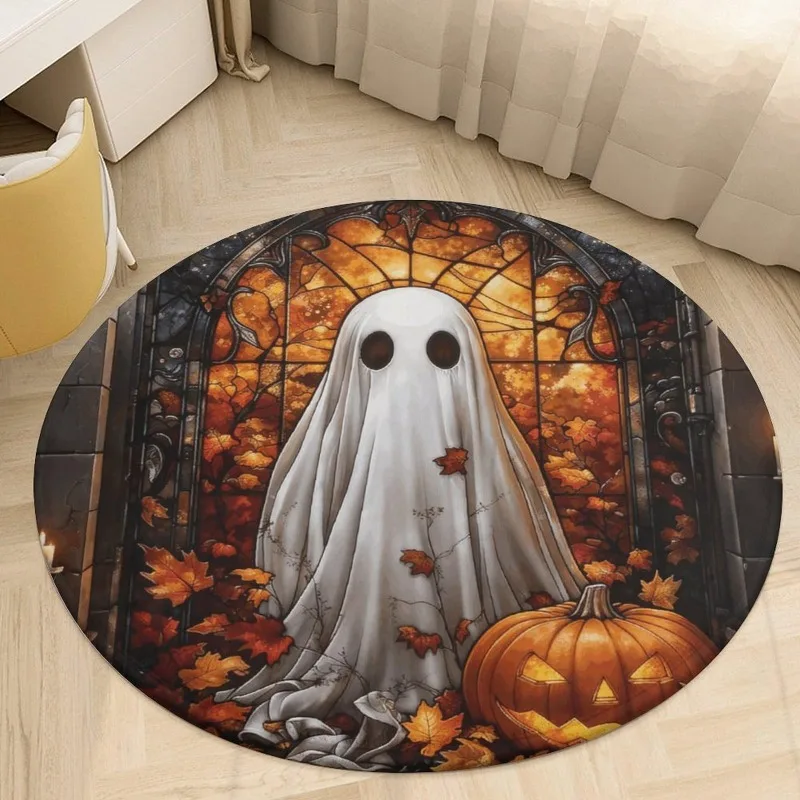 Haunted House Pumpkin Round Carpet Circular Floor Throw Indoor Home Floor Covering Gothic Dark Floor Accent Mat for Halloween